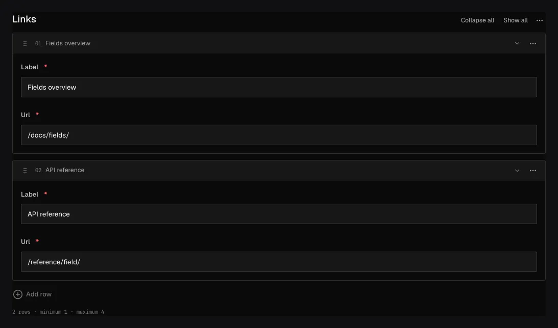 An expanded Links array in the Ridu admin with two ordered, populated rows.