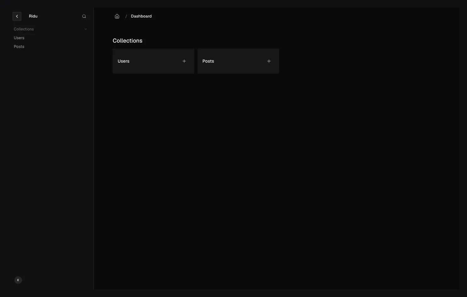 The Ridu admin dashboard showing the Users and Posts collections.