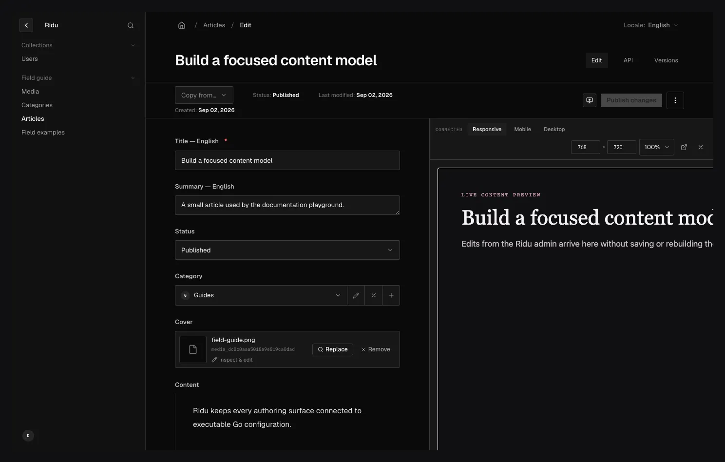 A focused Ridu Article editor beside its connected responsive live-preview panel, showing the current title in the separate preview application.