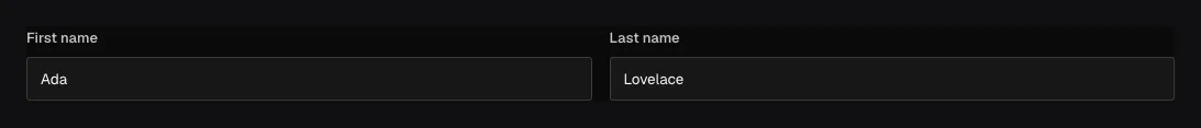 A Row layout in the Ridu admin placing populated First name and Last name controls side by side.